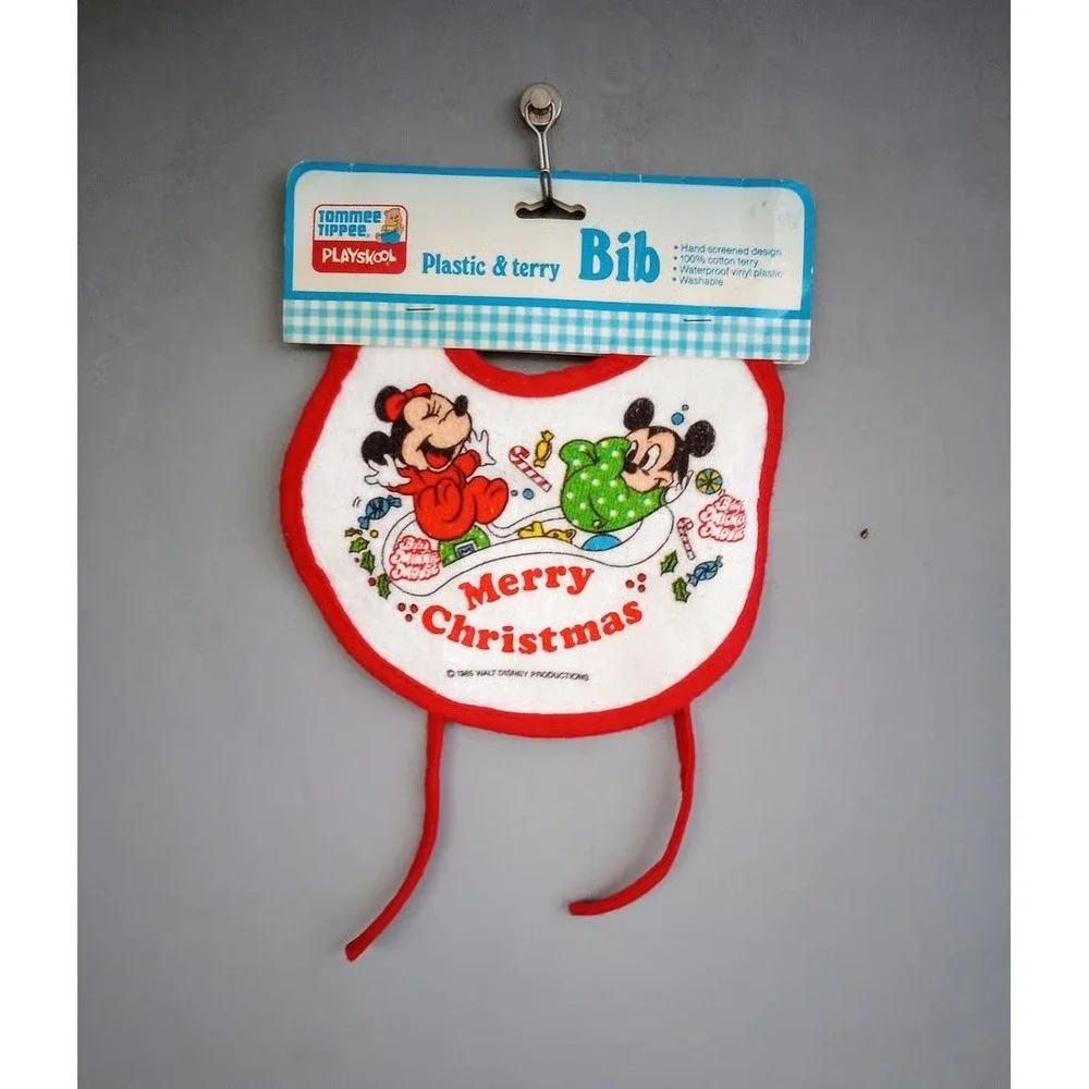 Vintage Disney Babies First Christmas‎ Bib Mickey and Minnie Mouse NOS NWT